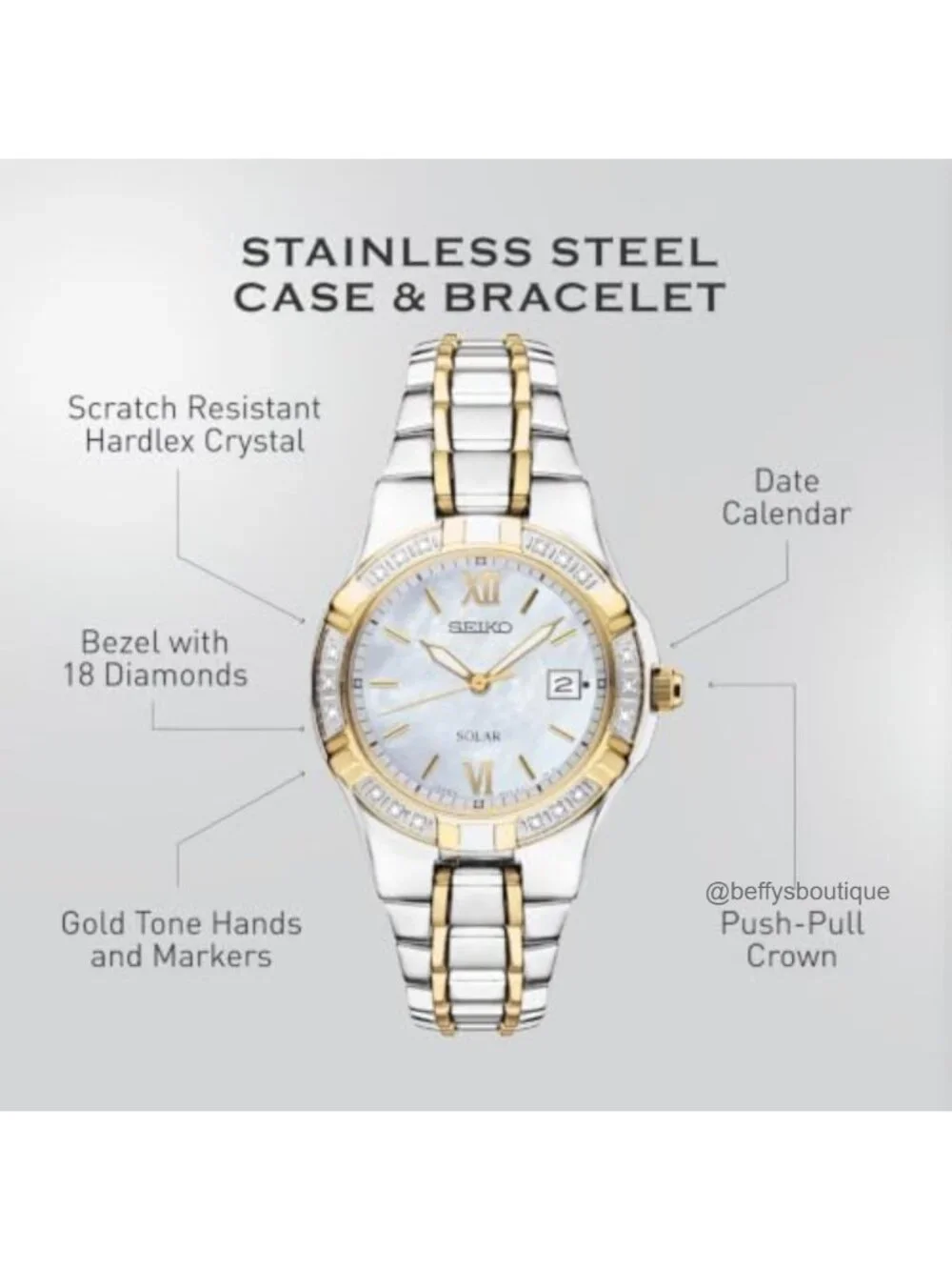 Solar Powered Women's Watch - Diamond Accents, Mother-of-Pearl Dial, Two-Tone